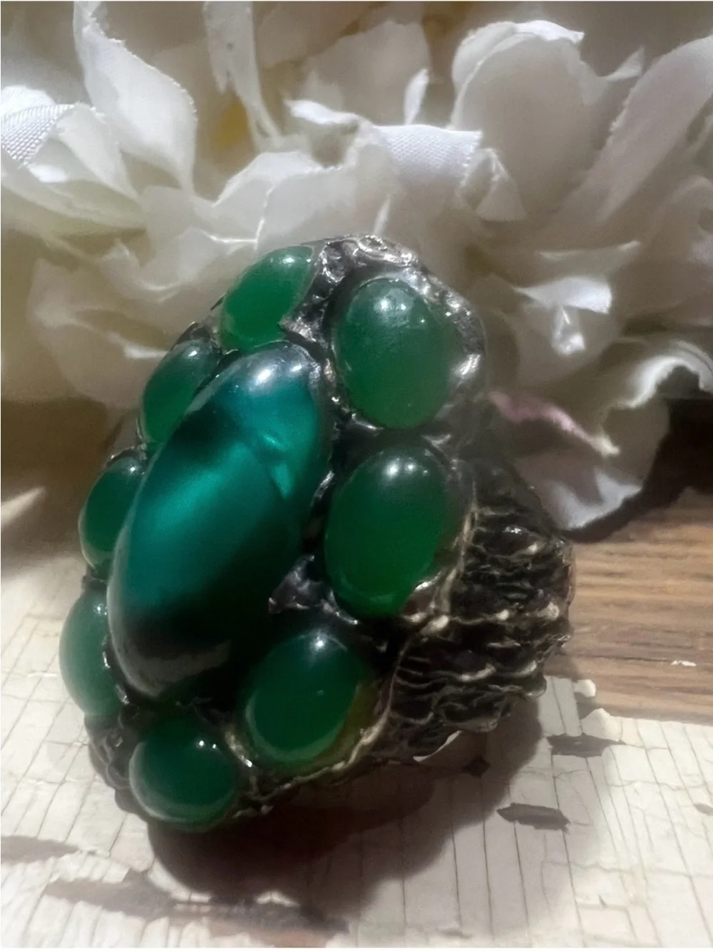 Antique Green Chalcedony Ring W Green Gem Cluster Handcrafted in Sterling Metal